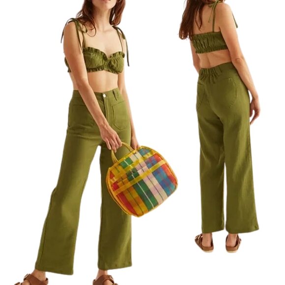 Lykke Wullf Earl Linen Pants, Kelp Green 12 - Wide Leg, High Rise, Boho, Indie - Picture 1 of 13